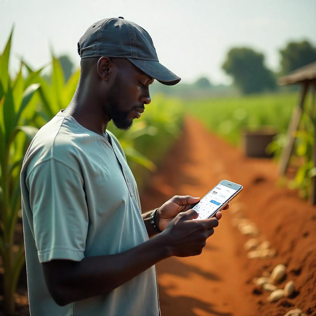 Farmer using financial calculator on smartphone