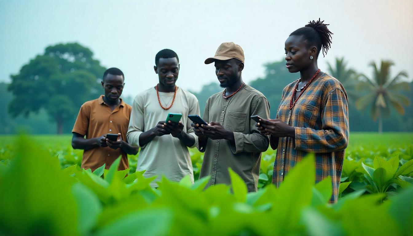 Nigerian farmers using mobile technology in a field